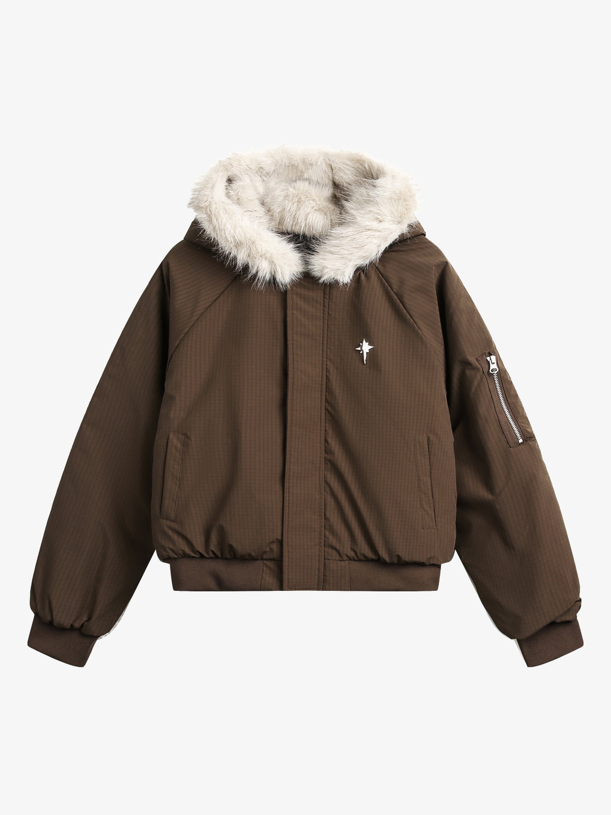 BLACK ENERGY CROSS EMBLEM FUR HOOD JACKET; Brown; front view