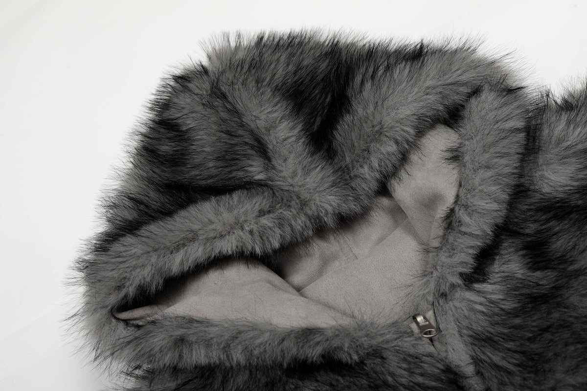 BLACK ENERGY CURVED PANEL FUR HOOD JACKET; Gray; garment construction detail