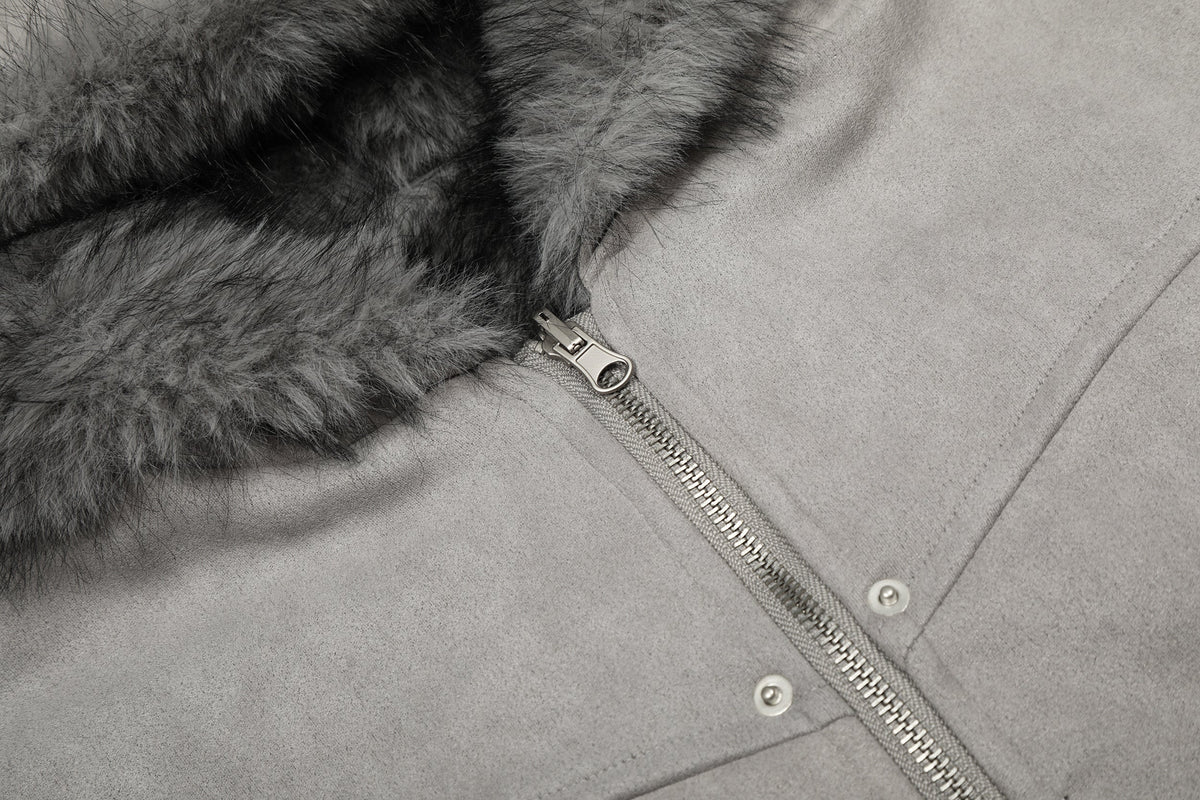 BLACK ENERGY CURVED PANEL FUR HOOD JACKET; Gray; garment construction detail