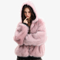 BLACK ENERGY CURVED PANEL FUR HOOD JACKET; Pink; model view