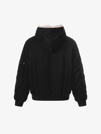 BLACK ENERGY CURVED PANEL FUR HOOD JACKET; Black; back view