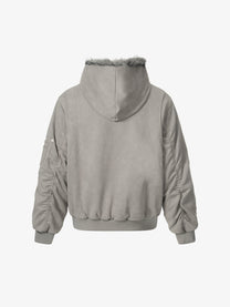 BLACK ENERGY CURVED PANEL FUR HOOD JACKET; Gray; back view
