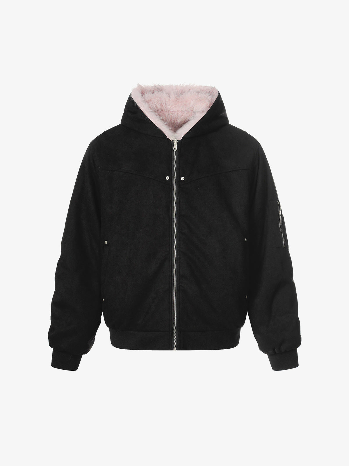 BLACK ENERGY CURVED PANEL FUR HOOD JACKET; Black; front view