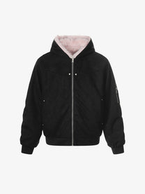 BLACK ENERGY CURVED PANEL FUR HOOD JACKET; Black; front view