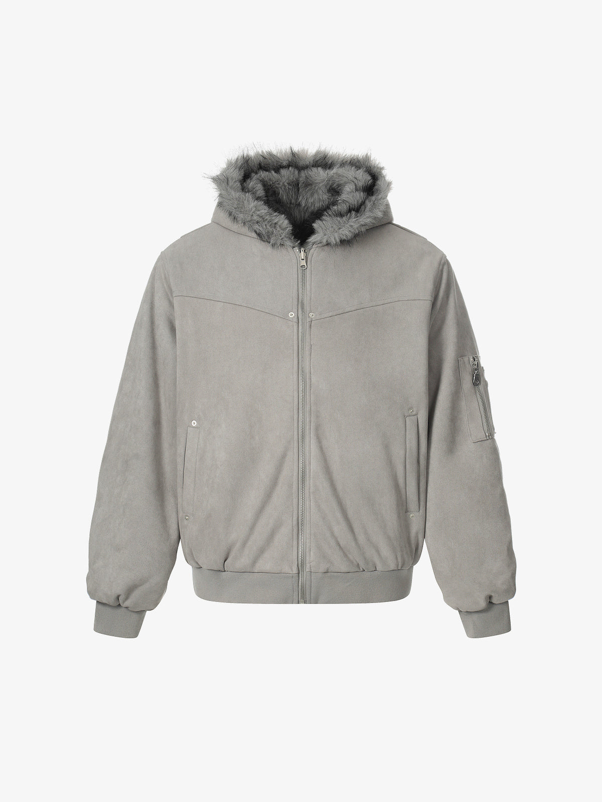 BLACK ENERGY CURVED PANEL FUR HOOD JACKET; Gray; front view