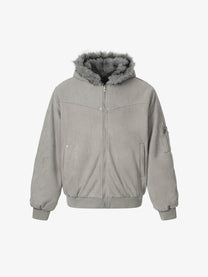 BLACK ENERGY CURVED PANEL FUR HOOD JACKET; Gray; front view