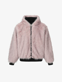 BLACK ENERGY CURVED PANEL FUR HOOD JACKET; Pink; front view