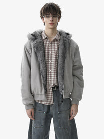 BLACK ENERGY CURVED PANEL FUR HOOD JACKET; Gray; model view