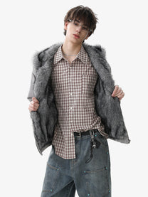 BLACK ENERGY CURVED PANEL FUR HOOD JACKET; Gray; model view
