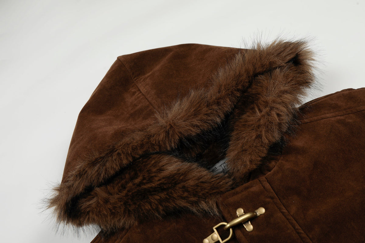 BLACK ENERGY FUR HOOD TOGGLE JACKET; Brown; garment construction detail