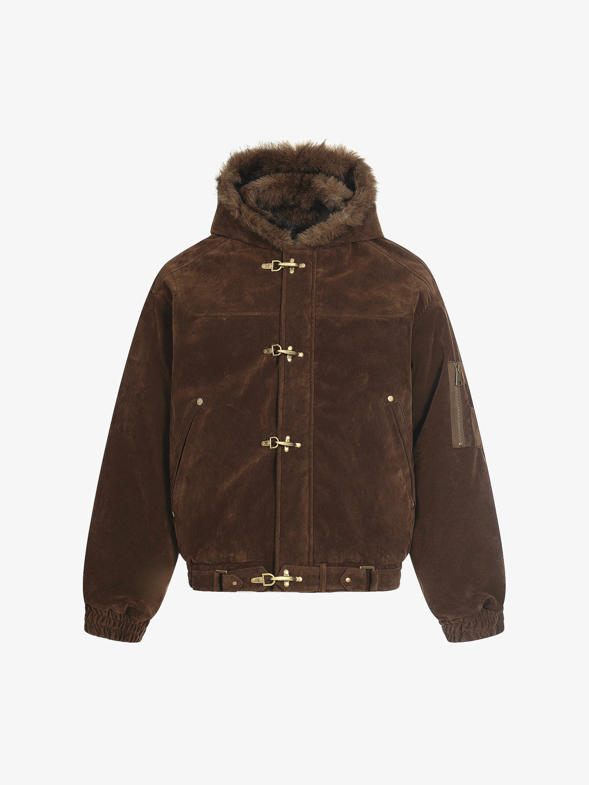 BLACK ENERGY FUR HOOD TOGGLE JACKET; Brown; front view