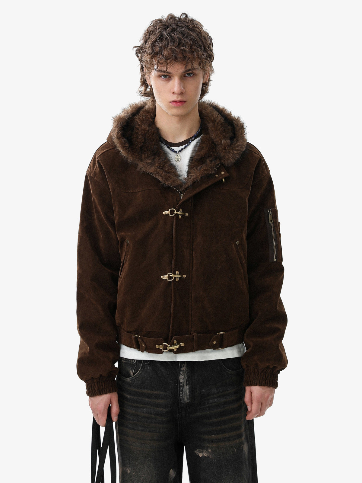 BLACK ENERGY FUR HOOD TOGGLE JACKET; Brown; model view