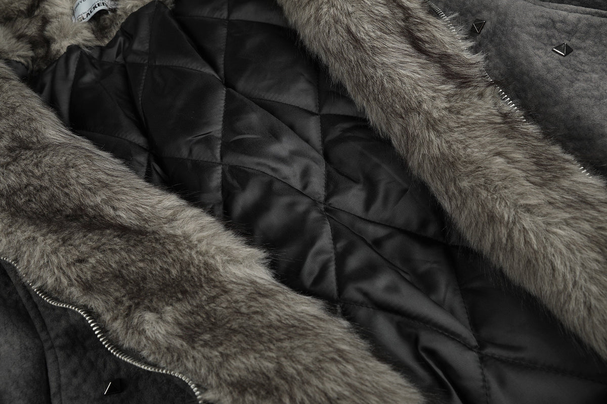 BLACK ENERGY WASHED FUR HOOD JACKET; Dark Gray; fabric detail