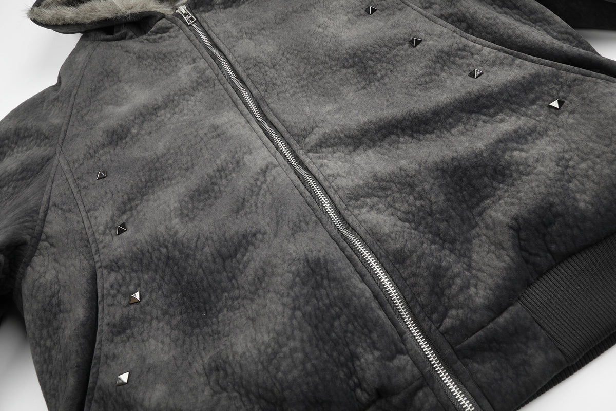 BLACK ENERGY WASHED FUR HOOD JACKET; Dark Gray; garment construction detail