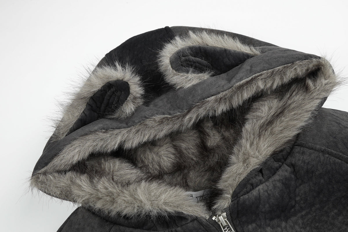 BLACK ENERGY WASHED FUR HOOD JACKET; Dark Gray; garment construction detail