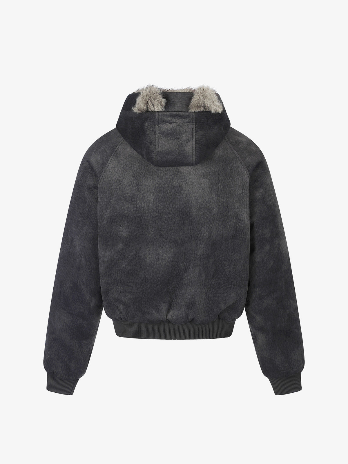 BLACK ENERGY WASHED FUR HOOD JACKET; Dark Gray; back view