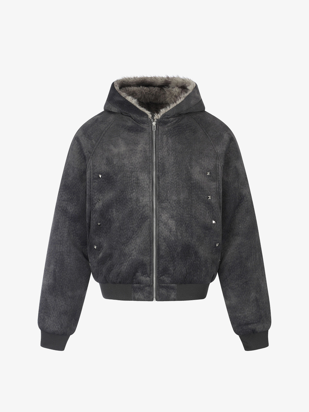 BLACK ENERGY WASHED FUR HOOD JACKET; Dark Gray; front view