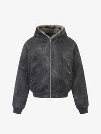BLACK ENERGY WASHED FUR HOOD JACKET; Dark Gray; front view