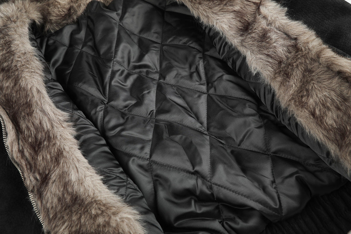 BLACK ENERGY DOUBLE BUTTON FUR HOOD JACKET; Black; fabric detail