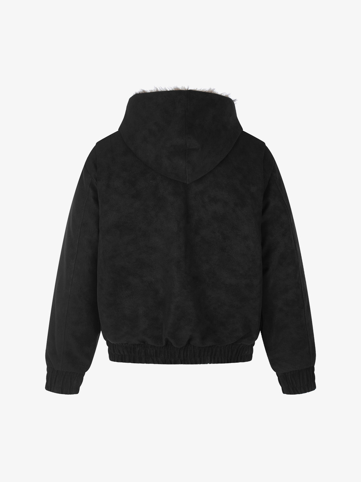 BLACK ENERGY DOUBLE BUTTON FUR HOOD JACKET; Black; back view