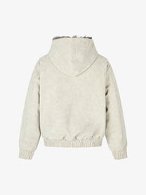 BLACK ENERGY DOUBLE BUTTON FUR HOOD JACKET; Cream; back view