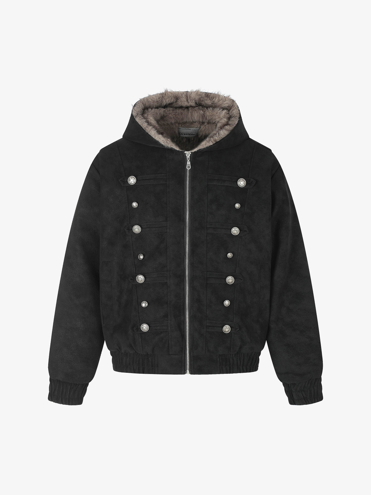 BLACK ENERGY DOUBLE BUTTON FUR HOOD JACKET; Black; front view