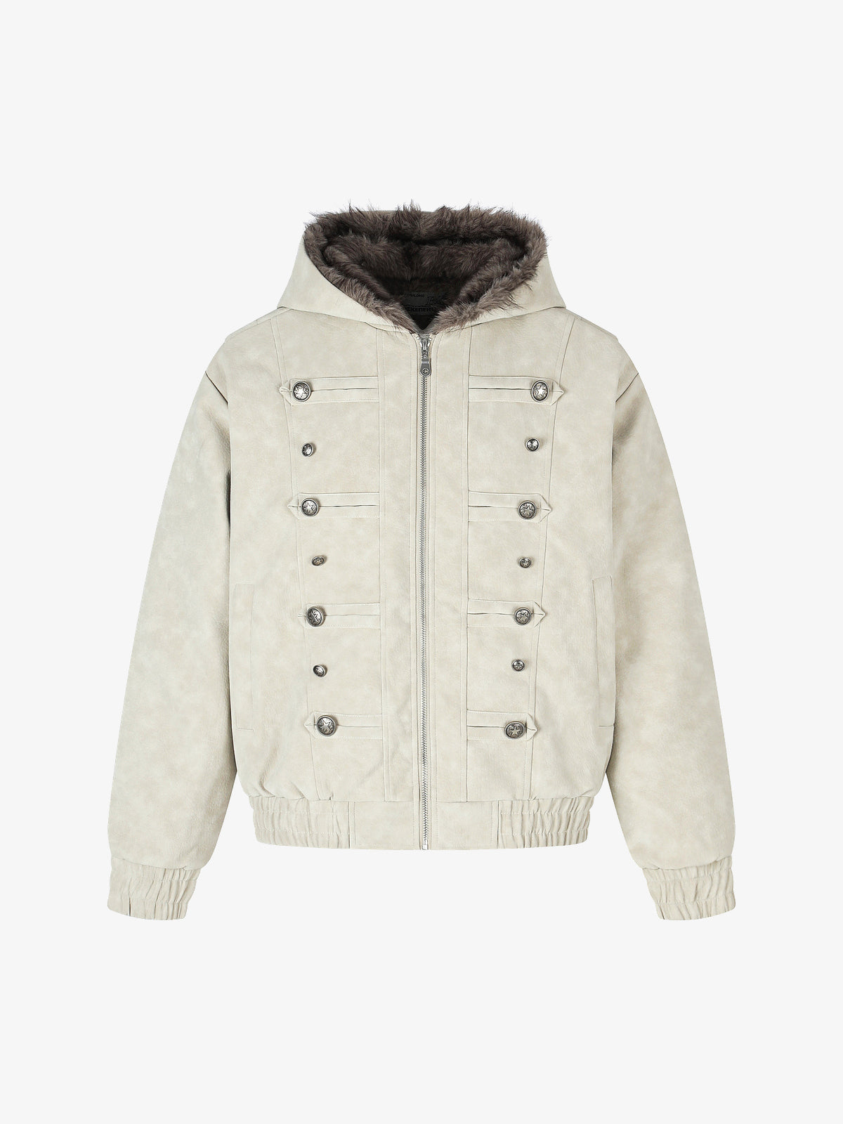 BLACK ENERGY DOUBLE BUTTON FUR HOOD JACKET; Cream; front view
