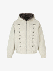 BLACK ENERGY DOUBLE BUTTON FUR HOOD JACKET; Cream; front view