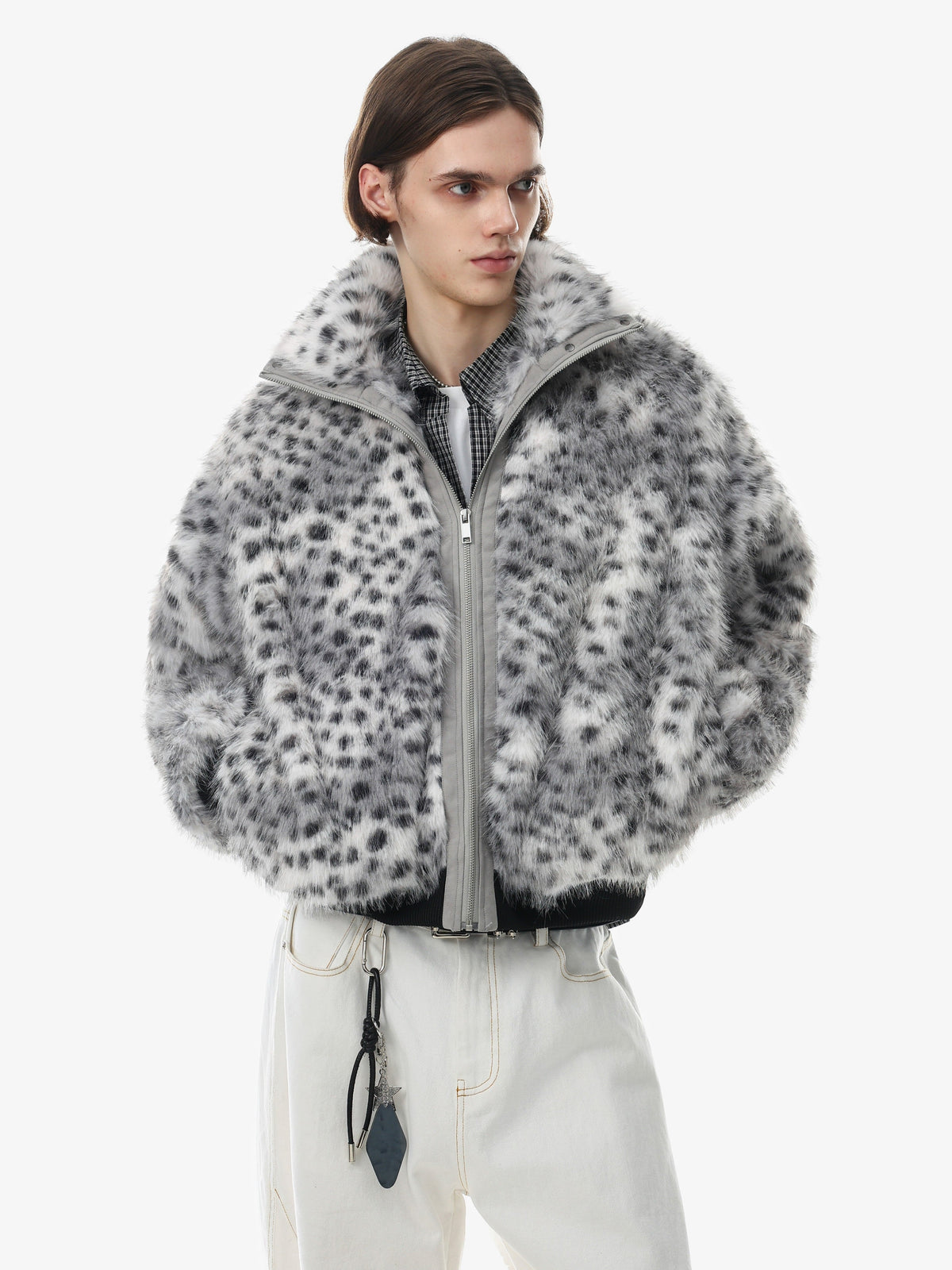 BLACK ENERGY SPECKLED FUR ZIP JACKET; Gray Leopard; model view
