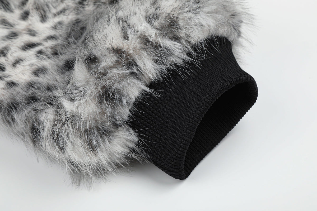 BLACK ENERGY SPECKLED FUR ZIP JACKET; Gray Leopard; garment construction detail