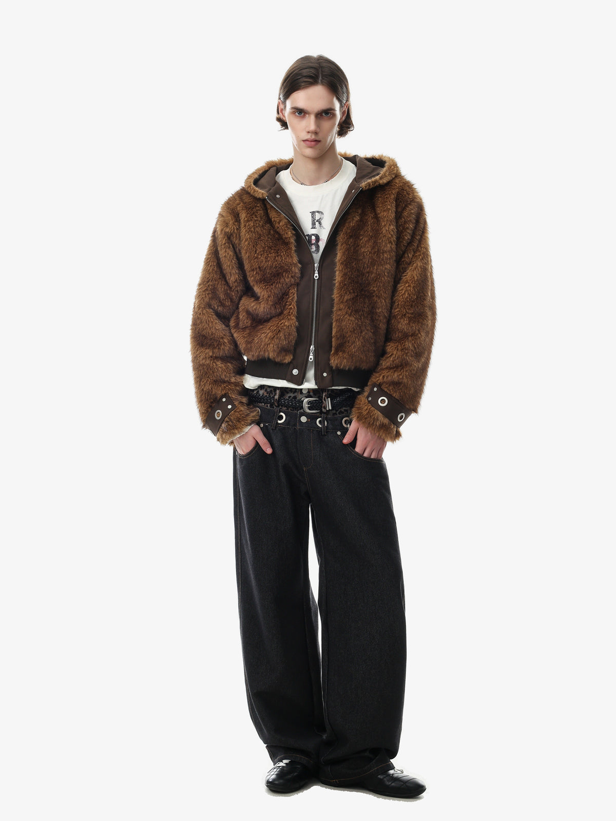 BLACK ENERGY FUR TEXTURE HOODED JACKET; Brown; model view