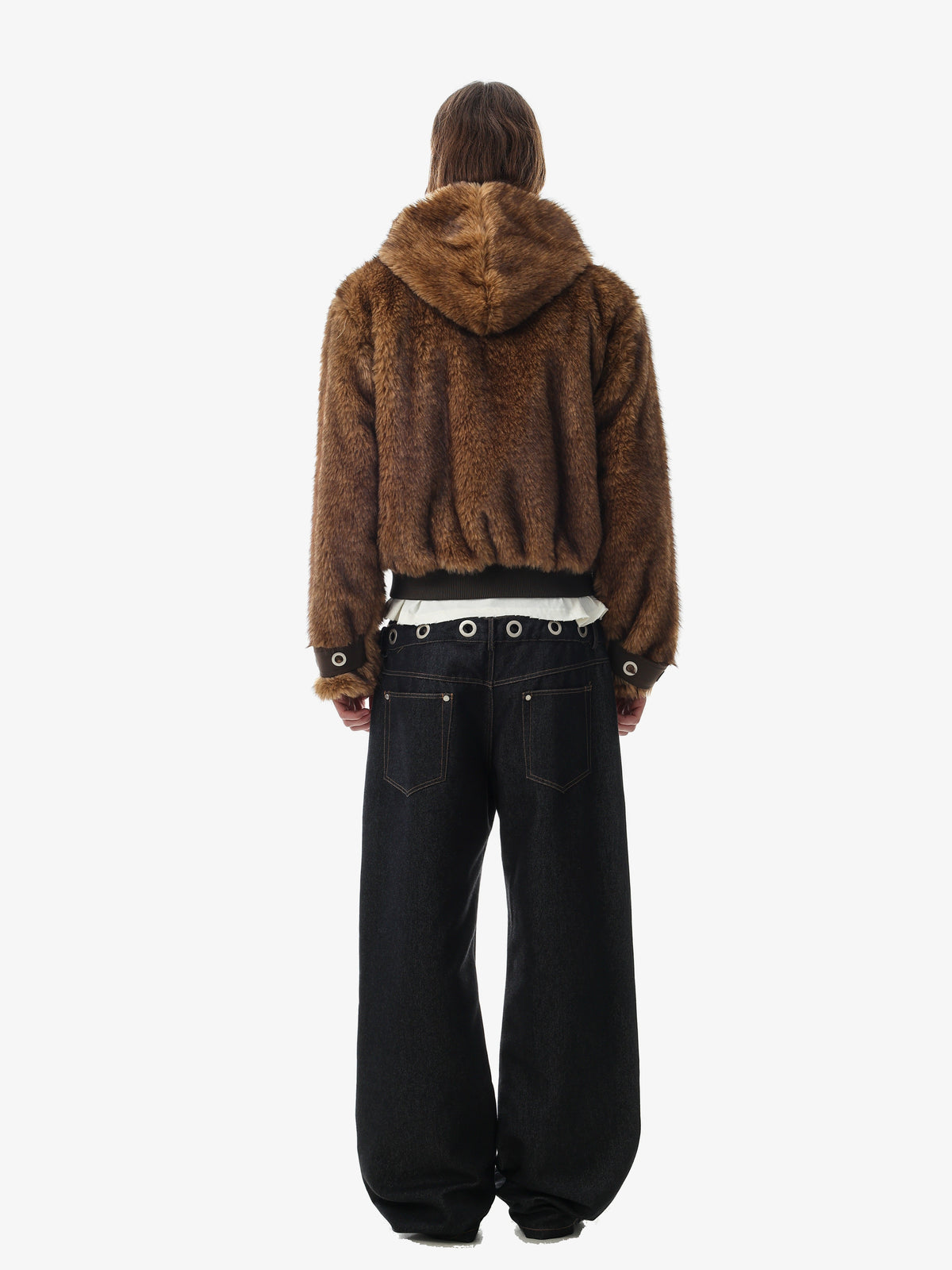 BLACK ENERGY FUR TEXTURE HOODED JACKET; Brown; model view