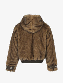 BLACK ENERGY FUR TEXTURE HOODED JACKET; Brown; back view