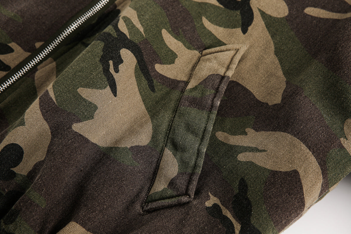 BLACK ENERGY CAMO FUR HOOD JACKET; Camo; garment construction detail