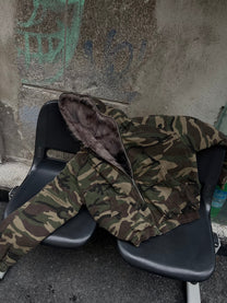 BLACK ENERGY CAMO FUR HOOD JACKET; Camo; front view in a styled setting