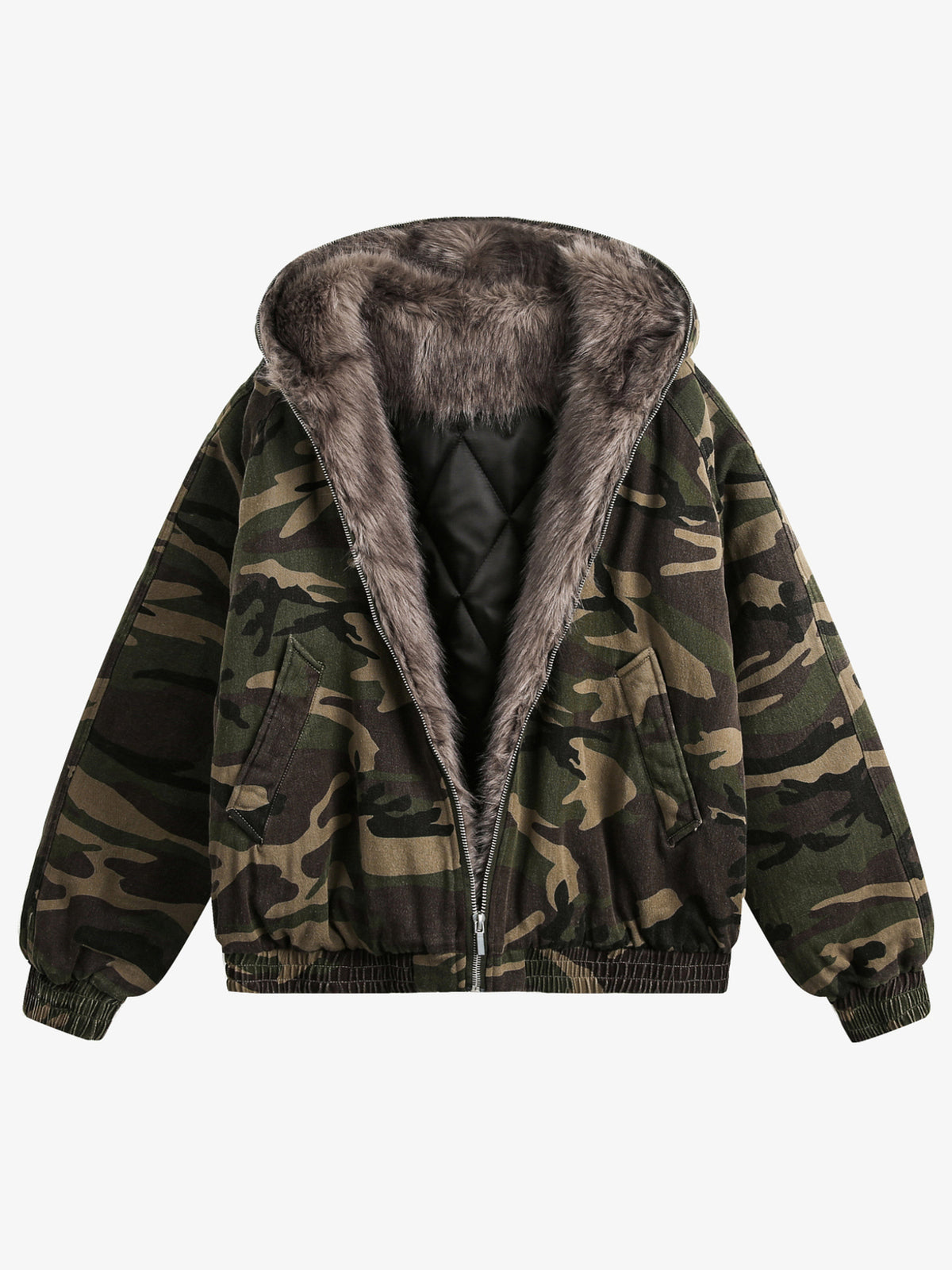 BLACK ENERGY CAMO FUR HOOD JACKET; Camo; front view