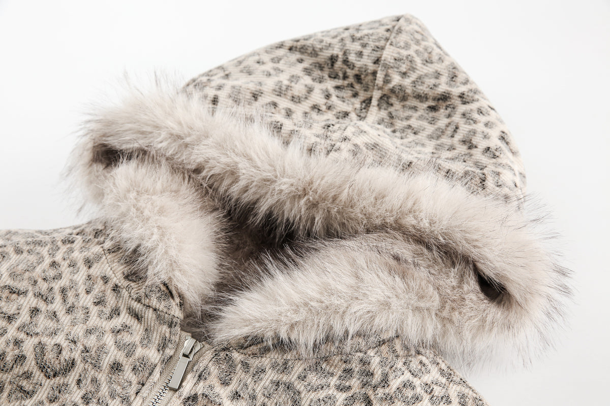 BLACK ENERGY LEOPARD PRINT FUR HOOD JACKET; Beige; garment construction detail