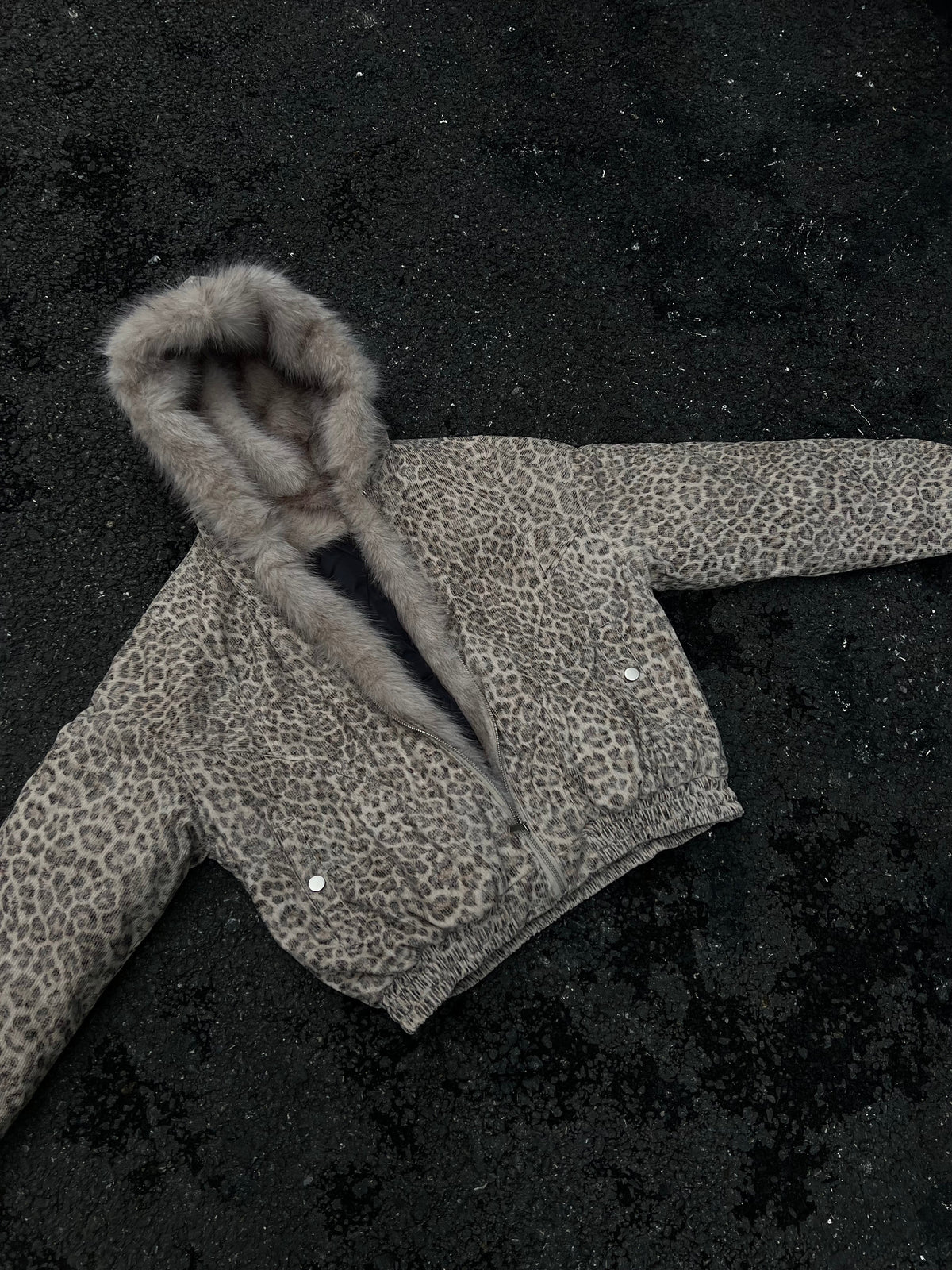 BLACK ENERGY LEOPARD PRINT FUR HOOD JACKET; Beige; front view in a styled setting