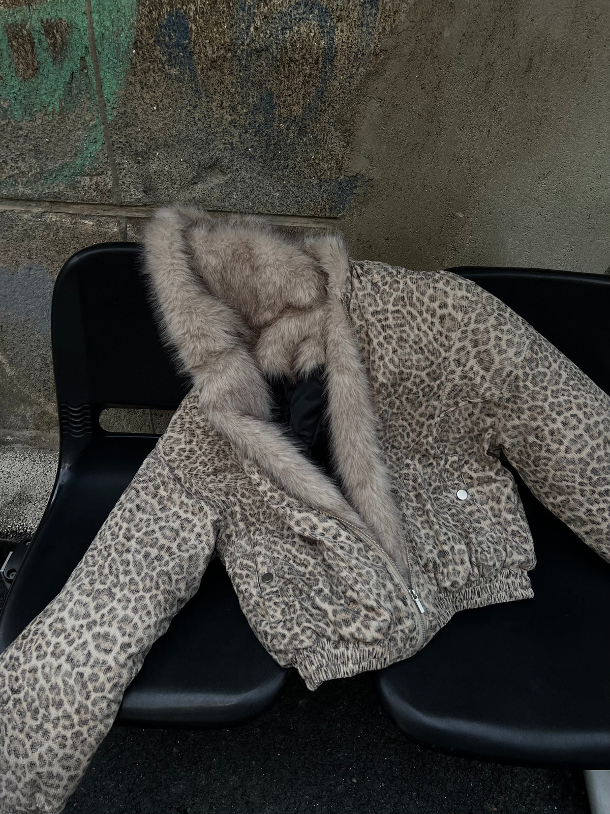BLACK ENERGY LEOPARD PRINT FUR HOOD JACKET; Beige; front view in a styled setting
