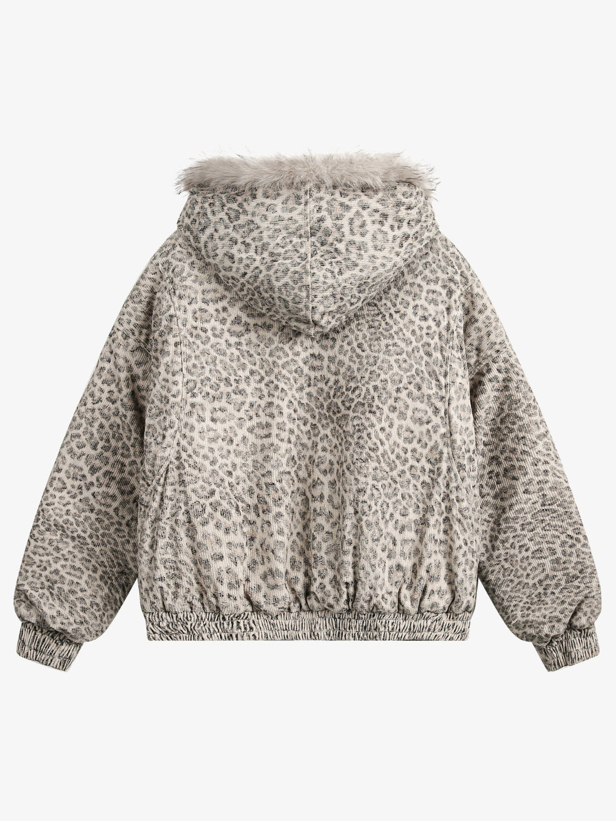 BLACK ENERGY LEOPARD PRINT FUR HOOD JACKET; Beige; back view