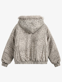 BLACK ENERGY LEOPARD PRINT FUR HOOD JACKET; Beige; back view
