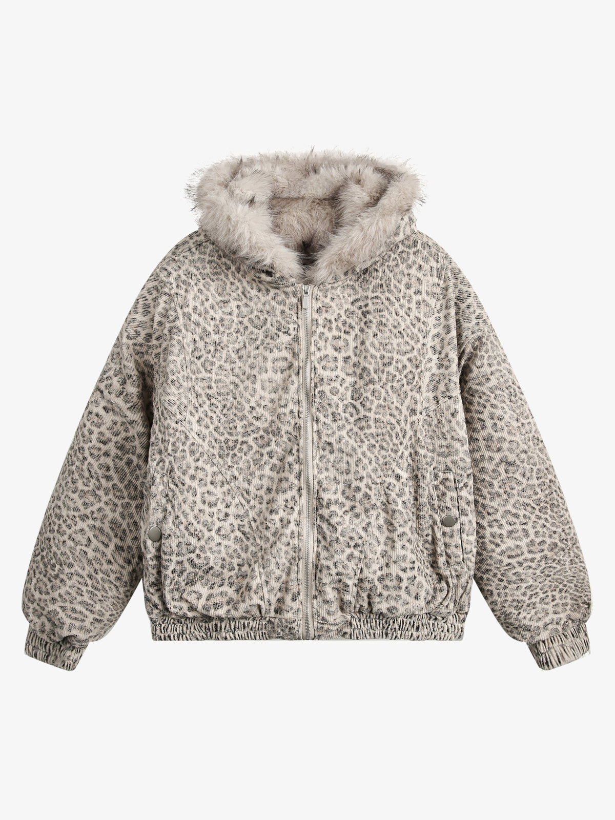 BLACK ENERGY LEOPARD PRINT FUR HOOD JACKET; Beige; front view
