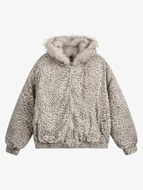 BLACK ENERGY LEOPARD PRINT FUR HOOD JACKET; Beige; front view