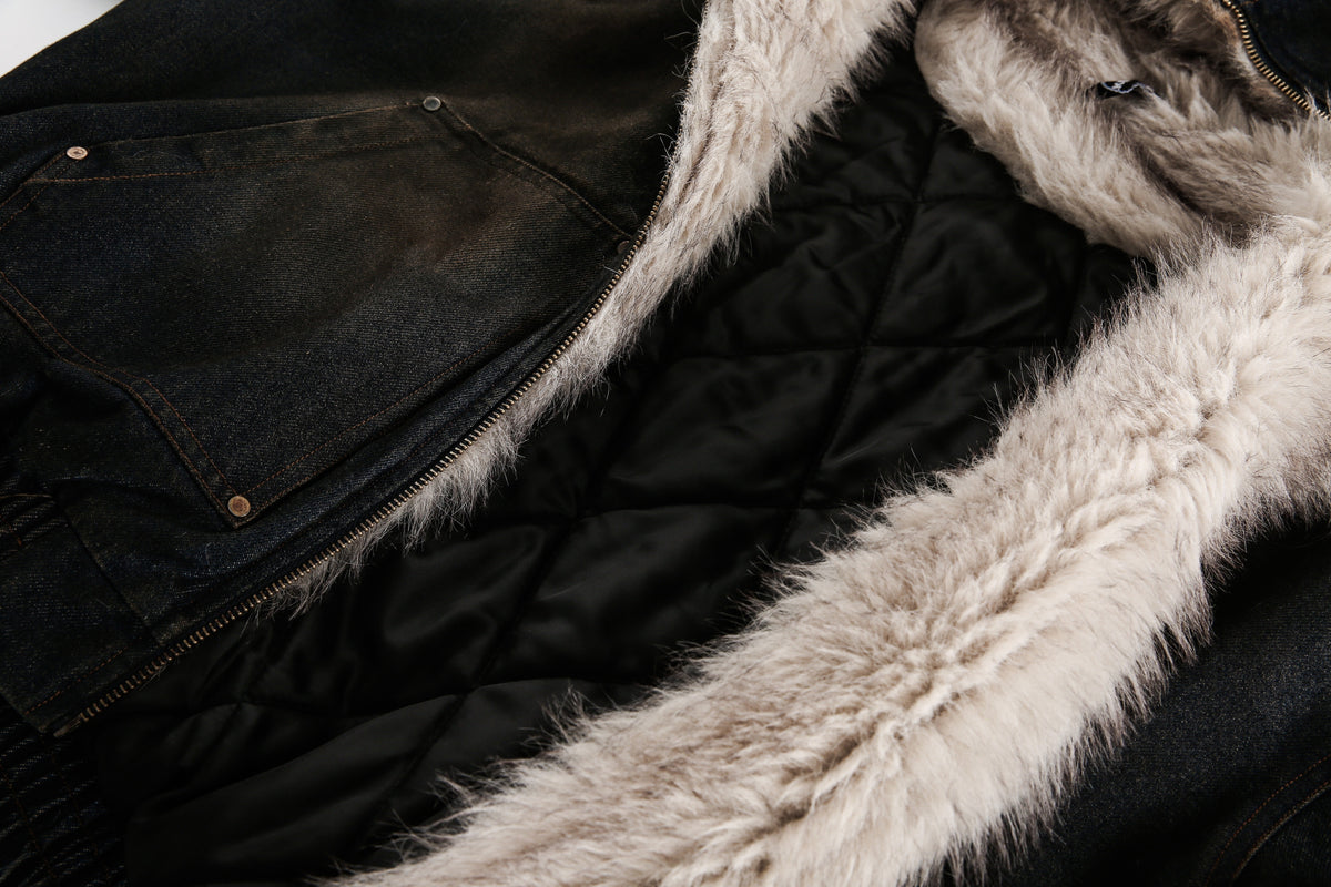 BLACK ENERGY WASHED FUR TRIM JACKET; Black; fabric detail