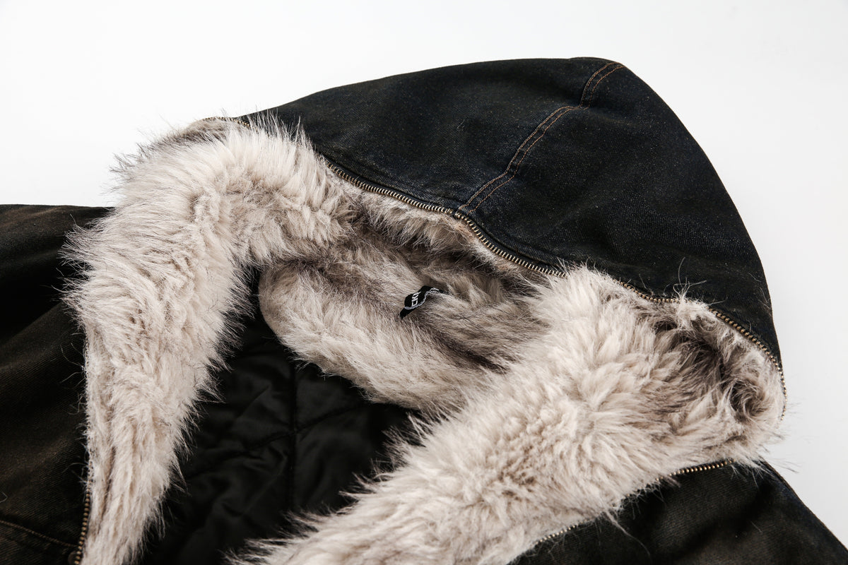 BLACK ENERGY WASHED FUR TRIM JACKET; Black; garment construction detail