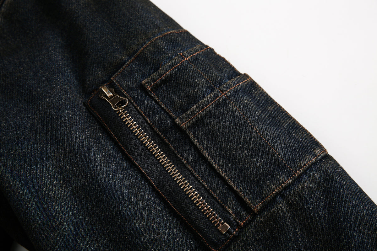 BLACK ENERGY WASHED FUR TRIM JACKET; Black; garment construction detail