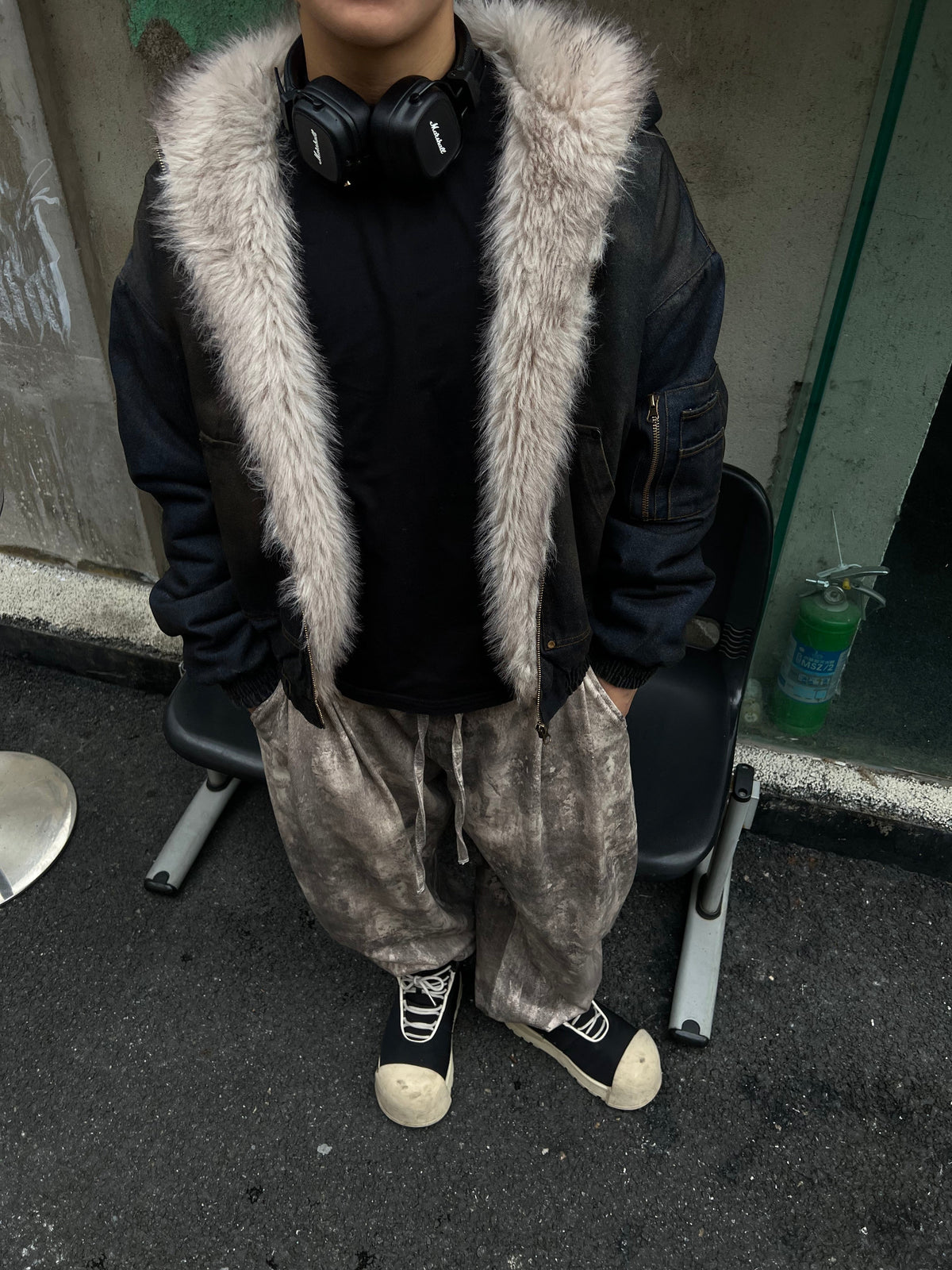 BLACK ENERGY WASHED FUR TRIM JACKET; Black; model view