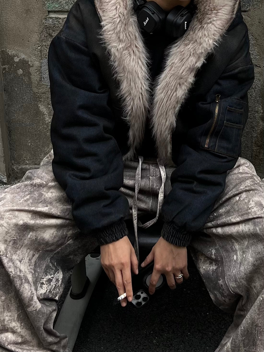 BLACK ENERGY WASHED FUR TRIM JACKET; Black; model view
