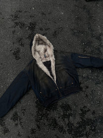 BLACK ENERGY WASHED FUR TRIM JACKET; Black; front view in a styled setting