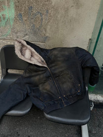 BLACK ENERGY WASHED FUR TRIM JACKET; Black; front view in a styled setting
